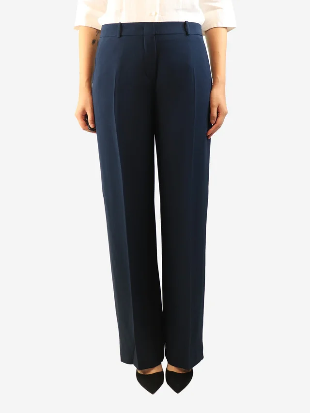 Loro Piana Navy wide-leg trousers - size UK 12 in Navy Silk from Sign of the Times