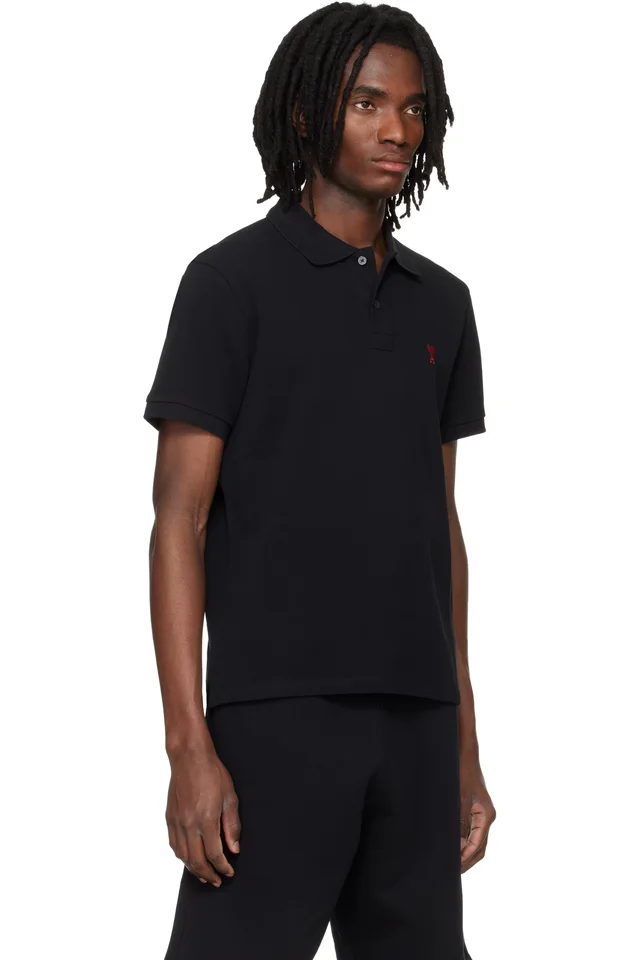 AMI Paris Black Cotton Ami de Coeur Polo, photo 2 of 4 from SSENSE