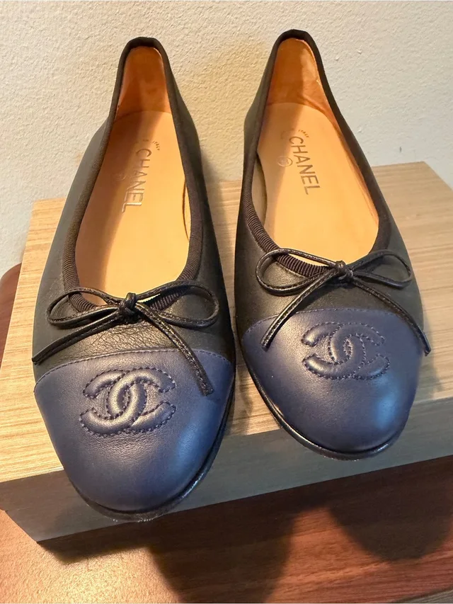 Chanel Two-Tone Black And Navy Leather Ballet Flats 36.5 in blue|black Leather from Poshmark