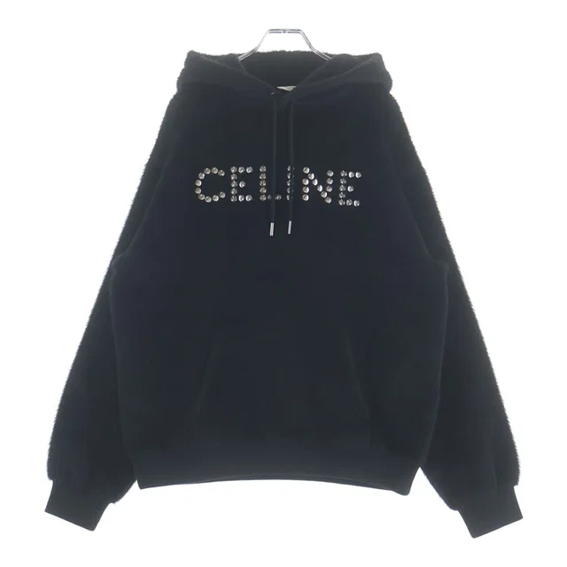 Celine Hedi Slimane Era Studded Logo Alpaca Wool Blend Pullover Hoodie Black in Black Wool from The Reluxe