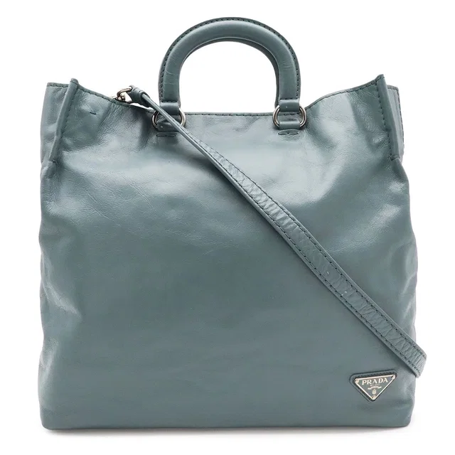 Prada Triangle Logo Tote Business 2-Way Shoulder Bag Leather Blue Gray Silver in Blue Leather from The Reluxe