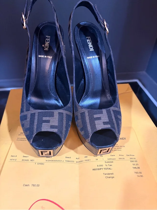 Fendi Navy Ff Logo Peep-Toe Slingback Heels in brown|red|neutral from Poshmark