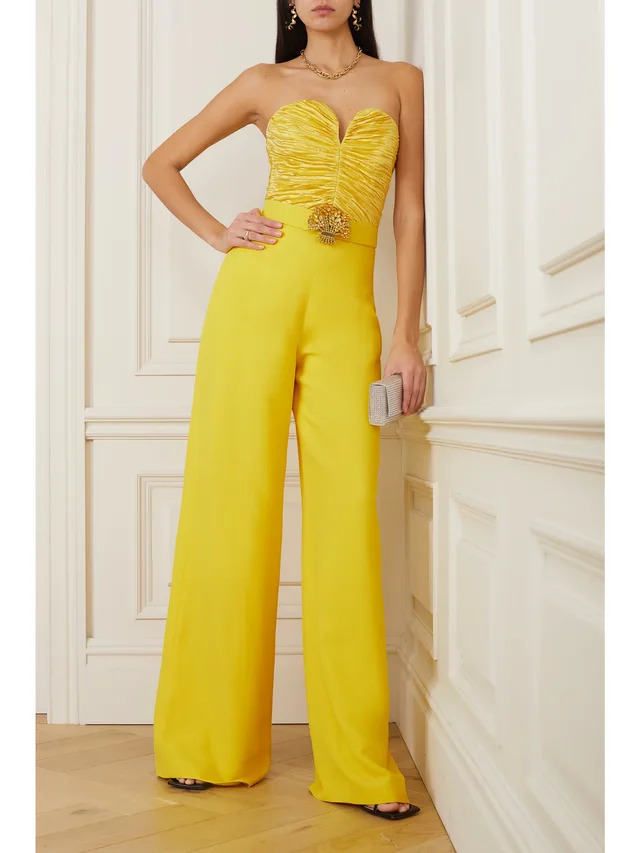 ANDREW GN Strapless embellished ruched plissé-satin and crepe jumpsuit in Yellow, photo 2 of 2 from NET-A-PORTER (Canada)