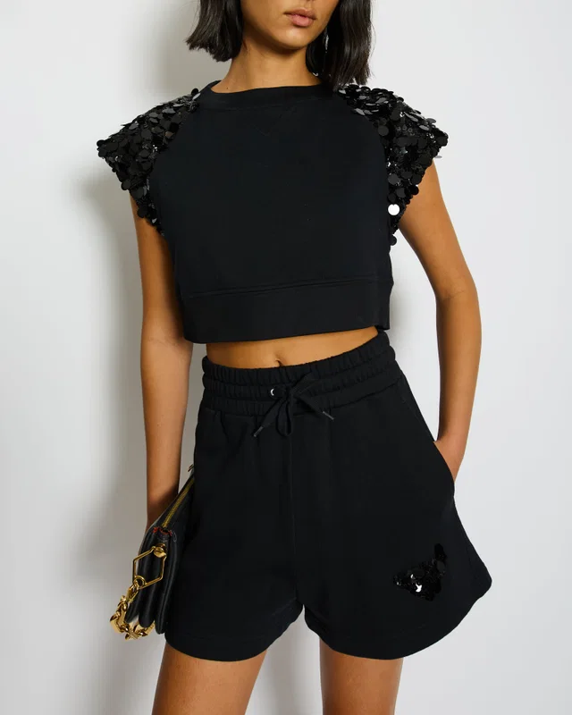 Prada Black Cotton Shorts and Crop Top Set With Sequin Embellishment Detail Size Small (UK 8) in Black from Sellier