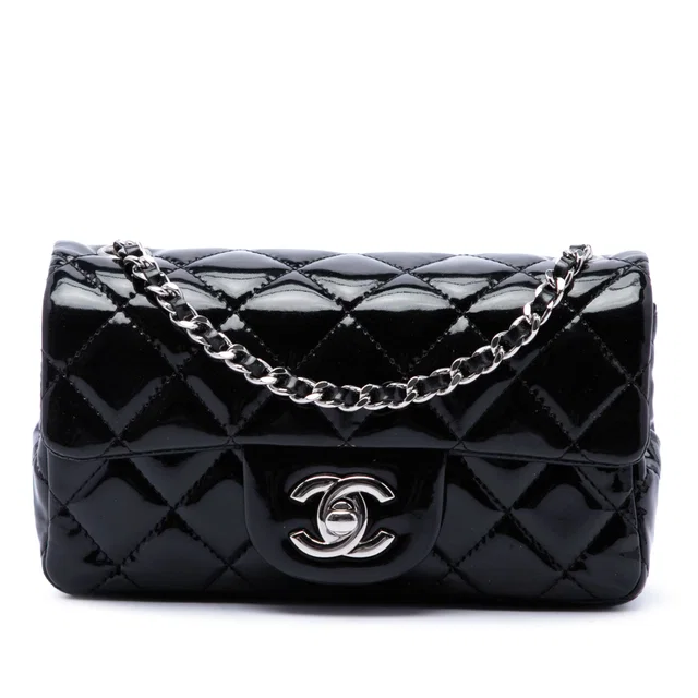 Black Chanel Extra Mini Rectangular Classic Patent Single Flap Crossbody Bag in Black Patent leather from Designer Revival