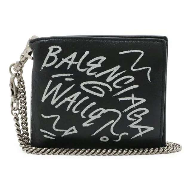 Balenciaga Explorer Graffiti Leather Bi Fold Chain Wallet in Leather from LuxUness