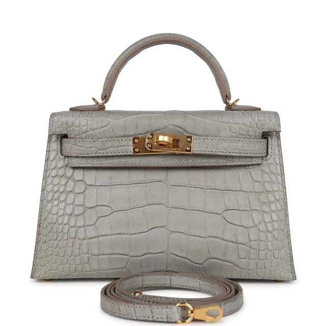 Hermès Special Order (HSS) Kelly Sellier 20 Gris Perle Verso Matte Alligator Gold Hardware in Grey Crocodile from Madison Avenue Couture