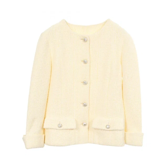 Chanel Collarless Jacket CC Logo Bijou Button Tweed in Tweed from The Reluxe