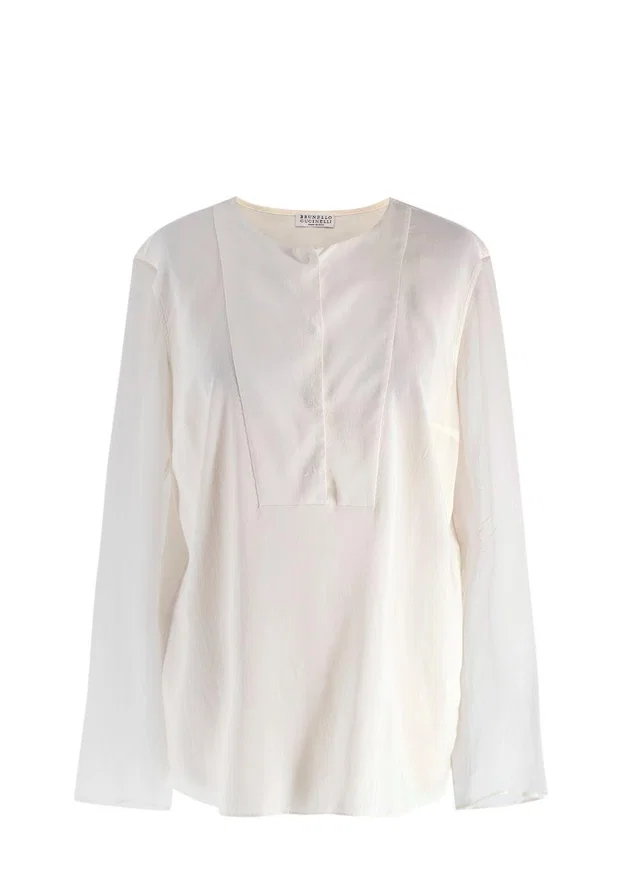 Brunello Cucinelli Cream Silk Satin Blouse in White Satin from HEWI