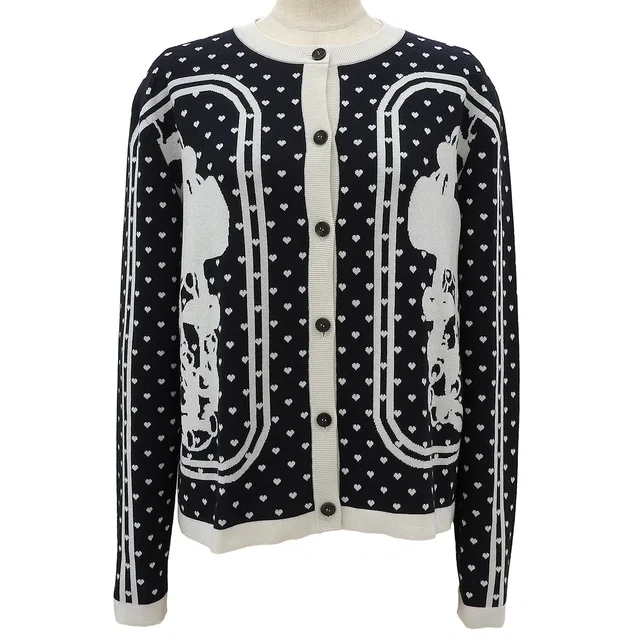 Hermès Cashmere Heart Pattern Twill Reine Cardigan #40 Navy White in White Cashmere from VINTAGE QOO TOKYO