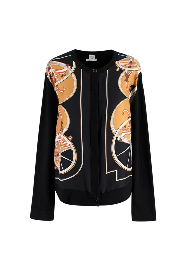 Hermès Black Patterned Silk Twillaine Cardigan in Black Silk from HEWI