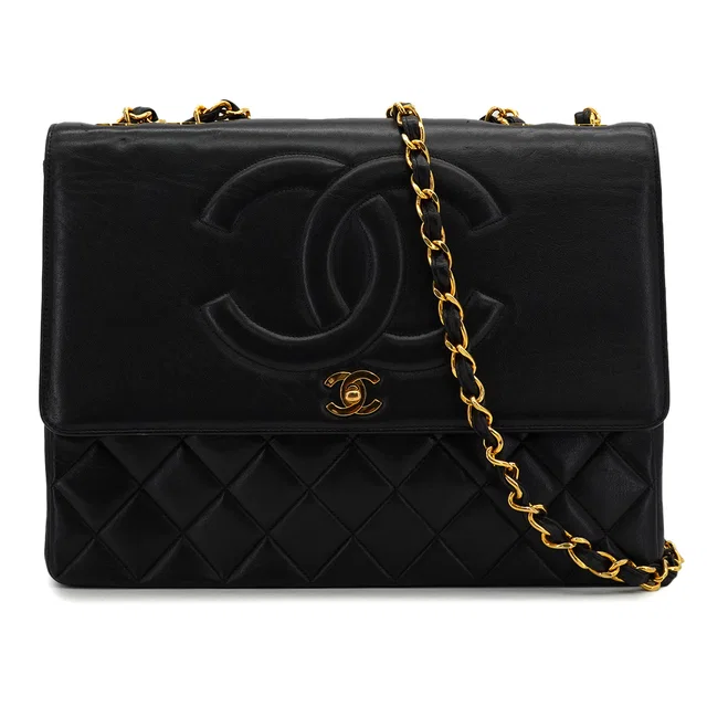 Chanel Vintage Big Coco Chain Shoulder Bag Black Lamb Skin Gold Hardware in Black from Luxury Promise