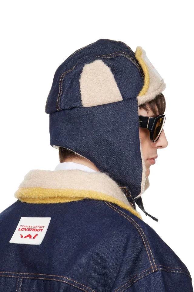 Charles Jeffrey LOVERBOY Navy & Beige Knit Patch Trapper Hat, photo 3 of 3 from SSENSE