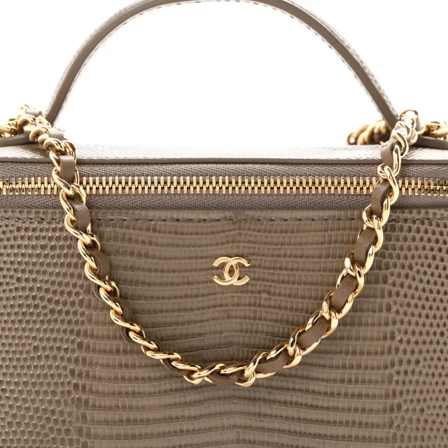 Chanel Lizard Embossed Top Handle Vanity With Chain Dark Khaki in Green Calfskin from FASHIONPHILE, photo 8 of 11
