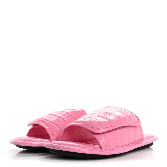 Balenciaga Logo Crocodile Embossed Slides 40 Fuxia in Calfskin from FASHIONPHILE, photo 4 of 10