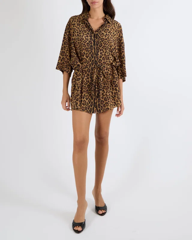 Valentino Garavani Runway Brown and Black Silk Leopard Print Short Sleeved Button Down Kaftan Shirt with Waist… in Black Silk from Sellier