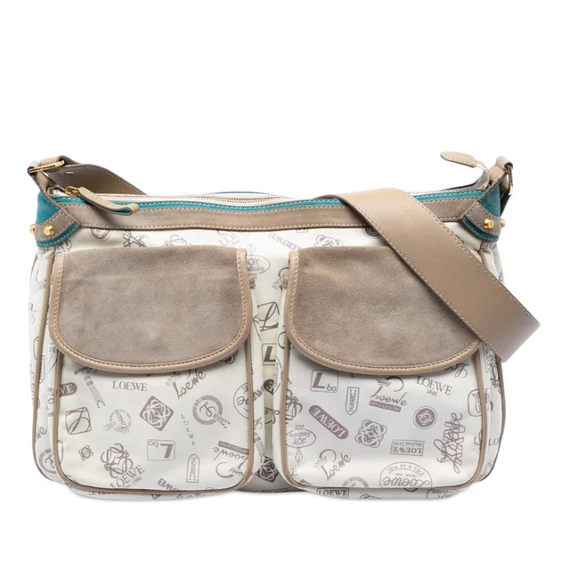 Beige LOEWE 160th Anniversary Suede Trimmed Canvas Crossbody in Beige Suede from Designer Revival