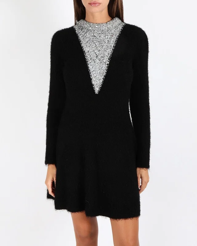 Chanel Black Silk and Cashmere Blend Long-Sleeved Mini Dress with Silver Sequin Embellished Neckline… in Black Silk from Sellier