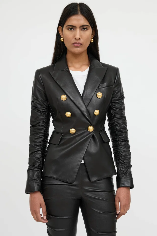 Balmain Black Leather Ruched Blazer in Black Leather from VSP Consignment