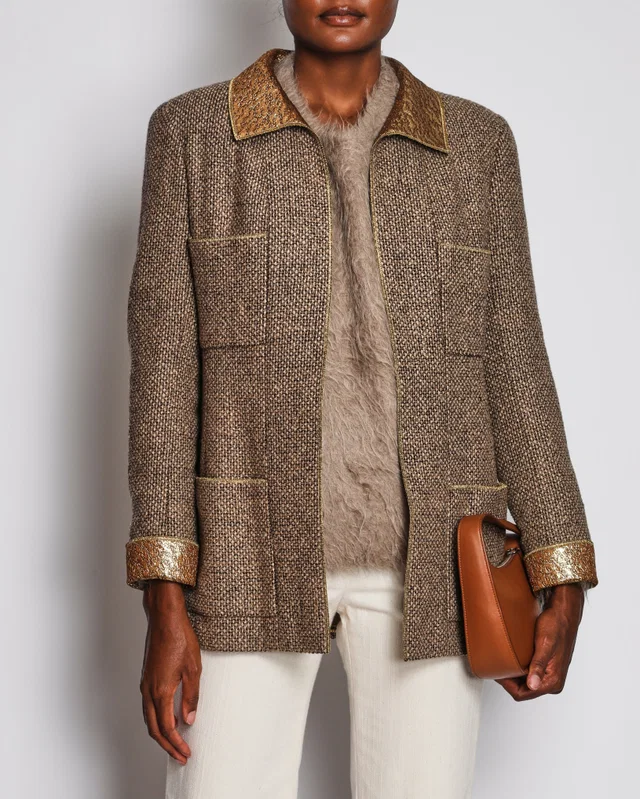 Chanel 96/A Brown Tweed Long Line Jacket with Gold Collar and Cuff Detail Size FR 42 (UK 14) in Brown Tweed from Sellier