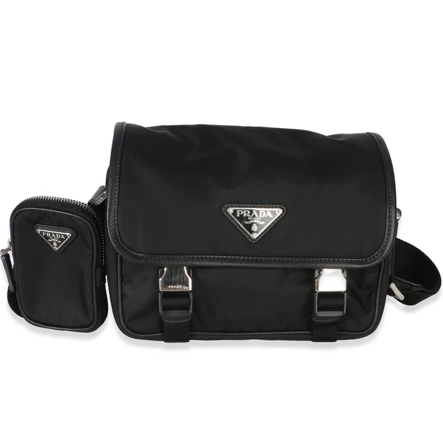 Prada Black Tessuto Saffiano Double Buckle Messenger Bag in Black Saffiano leather from myGemma