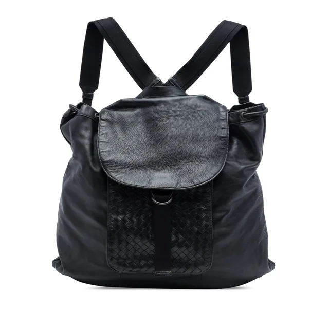 Black Bottega Veneta Intrecciato Trimmed Leather Drawstring Backpack in Black Woven leather from Designer Revival