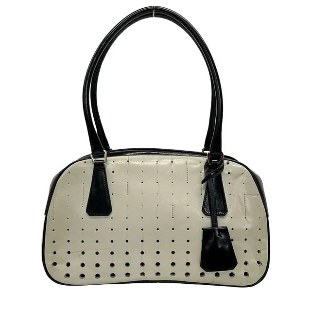 Prada Boston Bag White Black Perforated No Lock Leather in Black Leather from The Reluxe