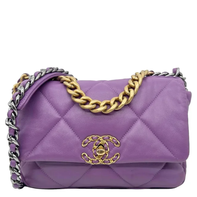 CHANEL 19 Flap Medium Quilted Lambskin Leather Shoulder Bag Purple in Purple Lambskin from Dallas Designer Handbags