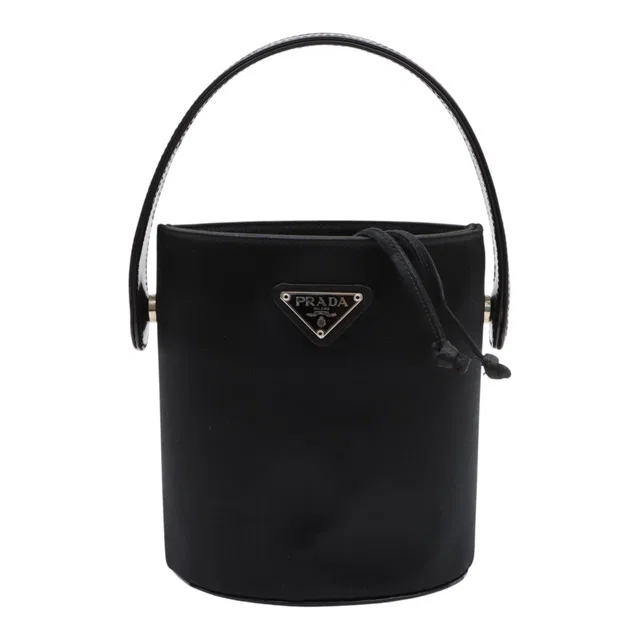 Prada Satin Logo Plate Handbag, Black in Black Satin from VINTAGE QOO TOKYO