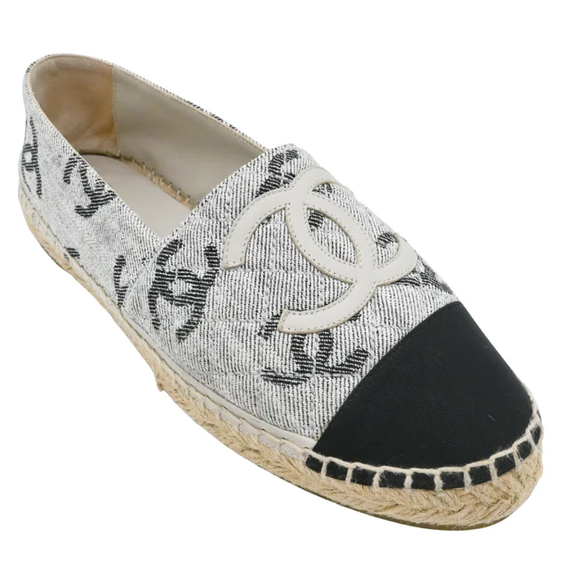 Chanel CC Logo White & Black Printed Canvas Espadrille Flats in Black Canvas from Clotheshorse Anonymous