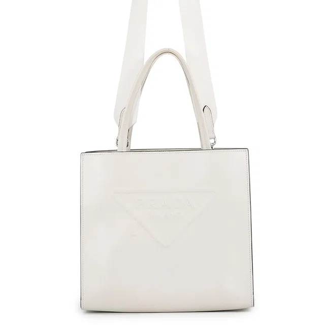 Prada Triangle Logo Embossed 2-Way Tote Bag White1BG382_ASK_F0009 Leather in Leather from GALLERY RARE
