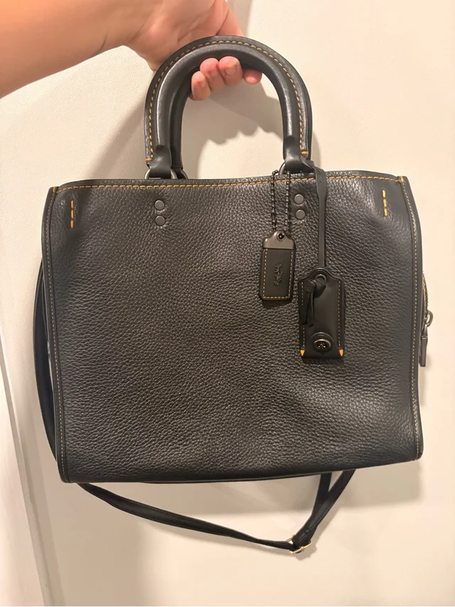 Black Coach Rogue 30 Pebbled Leather Satchel With Tan Stitching in black|gold Leather from Poshmark, photo 1 of 1