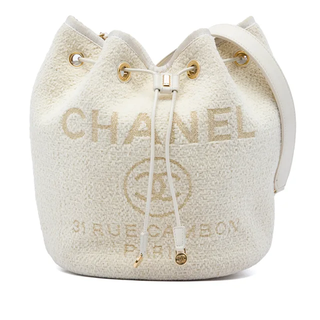 White Chanel Small Tweed Deauville Drawstring Bucket Bag in White Tweed from Designer Revival, photo 1 of 1