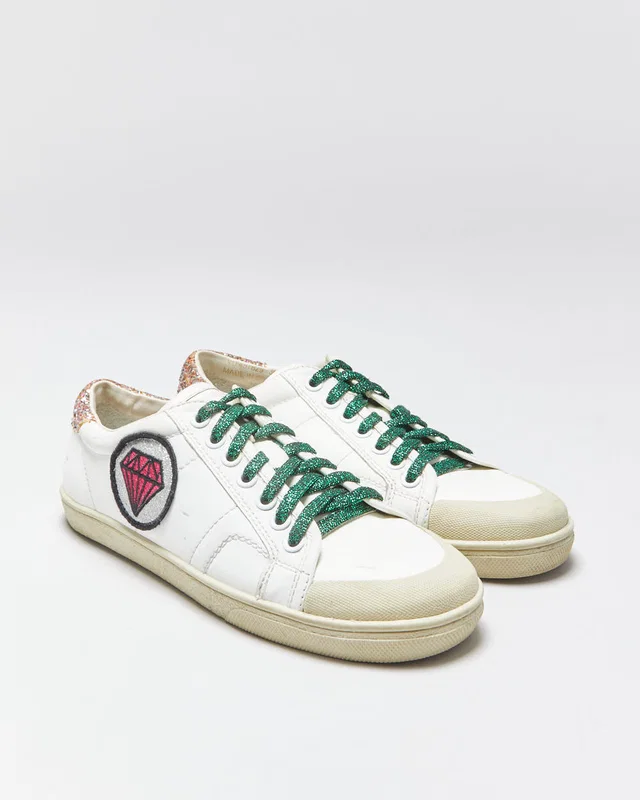 Saint Laurent Court Classic SL37 Women's Diamond/Glitter Trim Leather Low Trainers - UK3 in Leather from Rokit Vintage