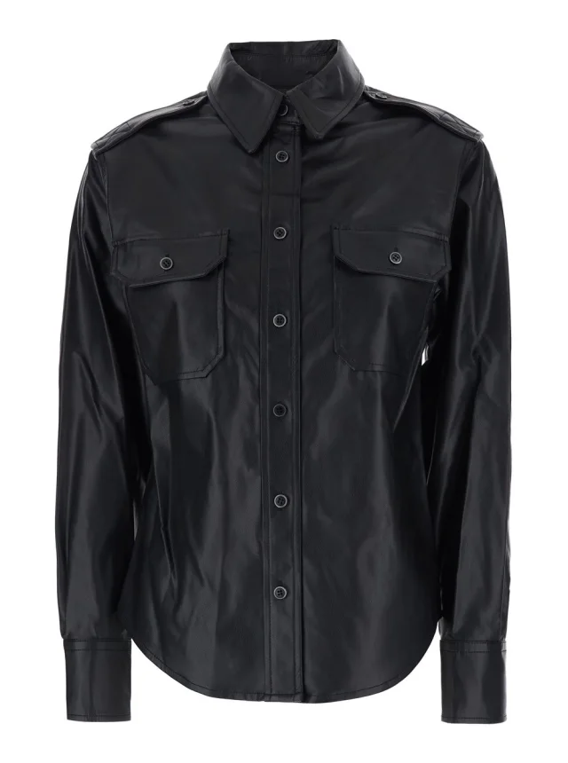 'Noee' Black Shirt with Classic Collar and Patch Pockets on the Front in Ecoleather for Women in Black, image 1 of 1 from Gaudenzi Boutique