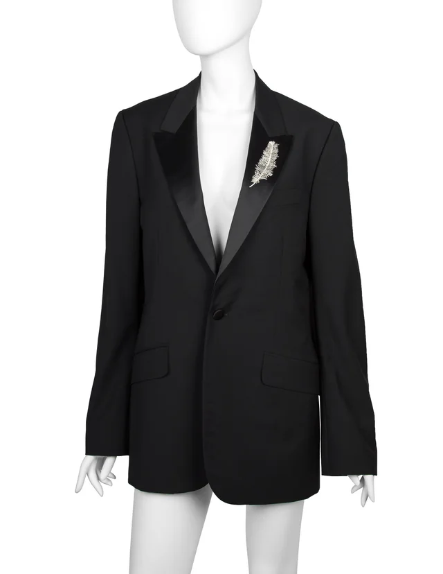 Alexander McQueen Vintage SS 2007 Black Wool Satin Feather Lapel Jacket in Black Satin from Amarcord Vintage Fashion