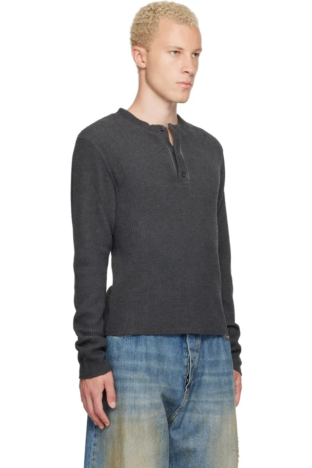 424 Black Long-Sleeve Thermal Jersey Henley, photo 2 of 4 from SSENSE