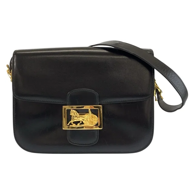 Celine Vintage Carriage Black Gold Leather Shoulder Bag in Black Leather from The Reluxe