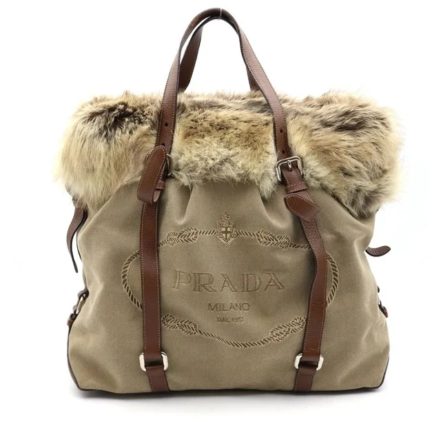 Prada Fur Logo Jacquard 2-Way Bag Khaki in Green from The Reluxe