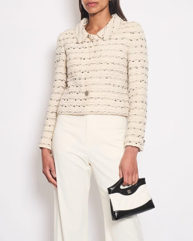 Chanel 99/C Cream, White & Black Tweed Jacket With Metallic Silver Buttons Detail Size FR 36 (UK 8) in Black Tweed from Sellier