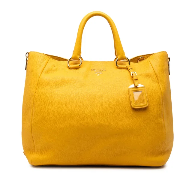 Yellow Prada Vitello Daino Side Zip Convertible Tote Satchel in Yellow Leather from Designer Revival