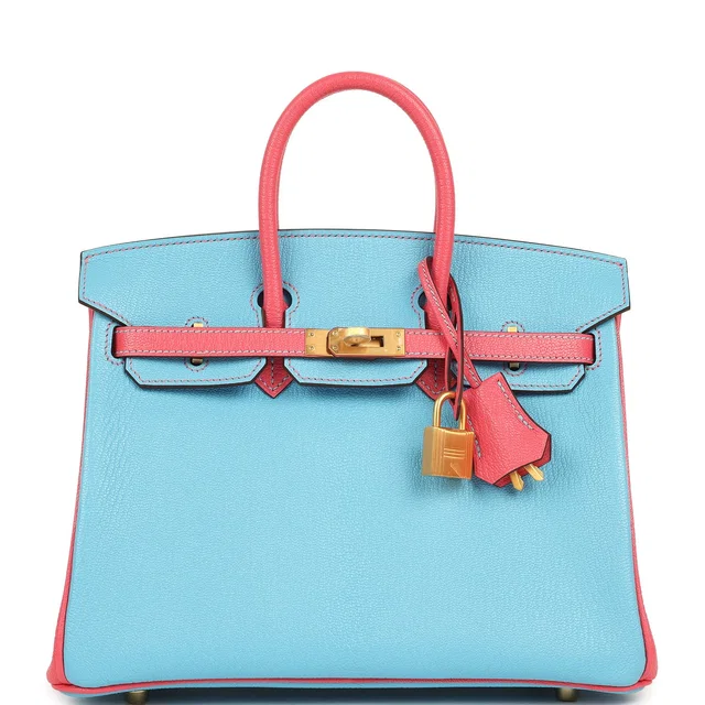 Hermès Special Order (HSS) Birkin 25 Celeste, Rose Lipstick Chevre Mysore Brushed Gold Hardware in Blue/Pink Chevre Mysore from Madison Avenue Couture
