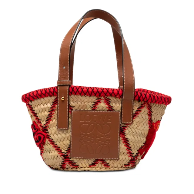 Beige LOEWE Small Raffia Animal Embroidered Basket Tote in Beige Raffia from Designer Revival