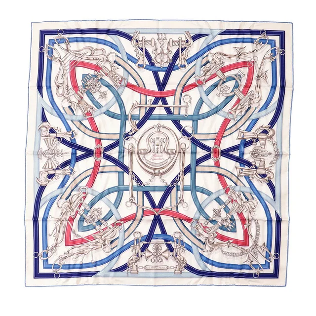 Hermès Carre Legendary Harness Size 90 White/Blue Jean/Bois de Rose Silk100% in White from GALLERY RARE