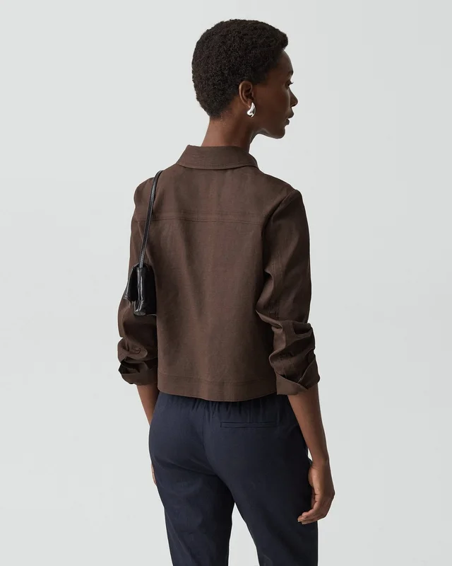 Theory Cropped Shirt Jacket in Good Linen in DARK BROWN, photo 9 of 12 from Theory