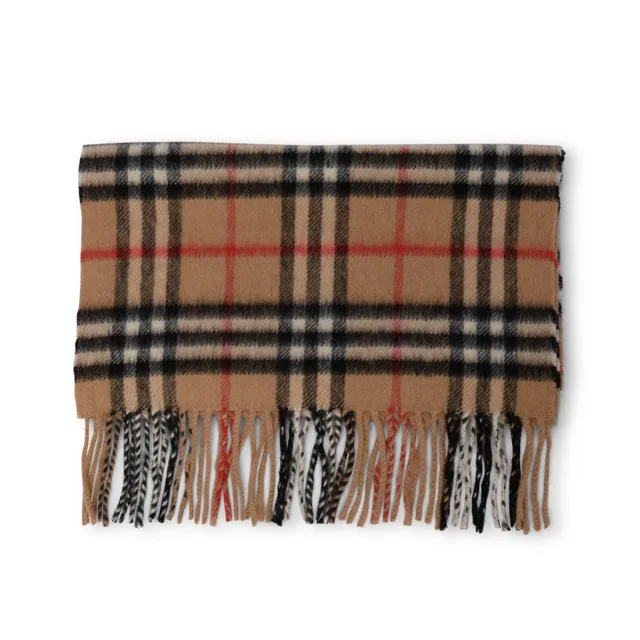 Burberry House Check Fringed Scarf in Camel Cashmere from Blue Spinach