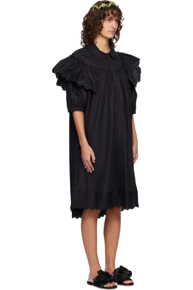 Simone Rocha Black Puff Sleeve Ruffle Frill Trim Shirt Midi Dress, photo 2 of 4 from SSENSE