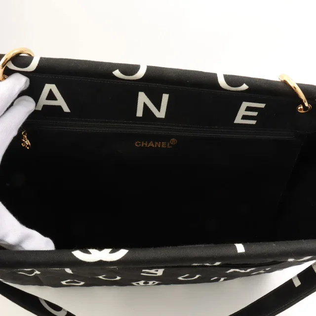 Chanel Circa 1997 Canvas CC Mark Logo Print Tote Bag Black/White in Black Canvas from VINTAGE QOO TOKYO, photo 6 of 11