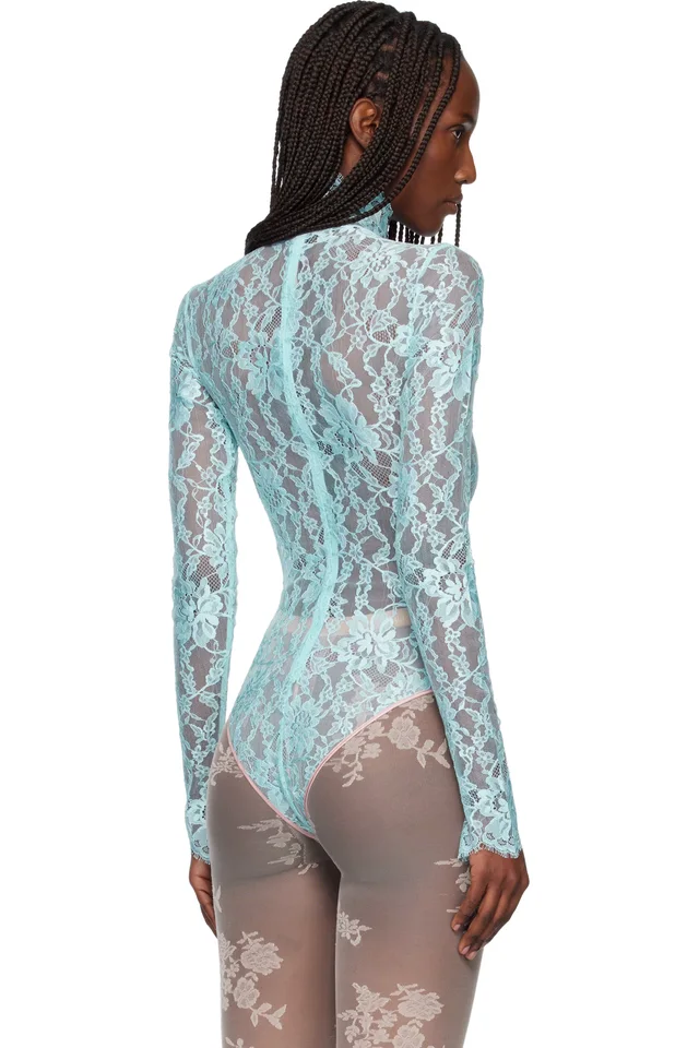 Valentino Blue Floral Lace Bodysuit, photo 3 of 4 from SSENSE