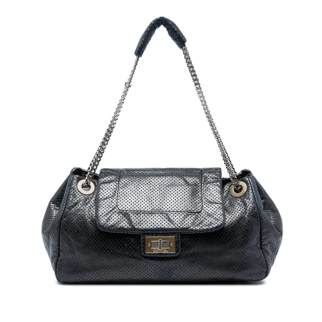 Black Chanel Perforated Calfskin Reissue 2.55 Drill Accordion Flap Shoulder Bag in Black Calfskin from Designer Revival